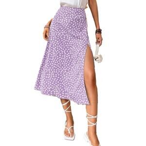 Midi Skirt Purple Side Slit Geometric A-Line Boho Lightweight Stretch Size S